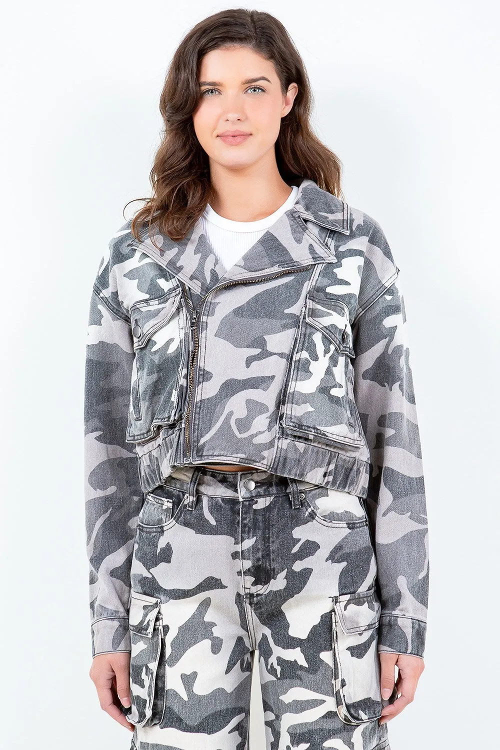 Camouflage Zip Up Cropped Rider Jacket Plus Size