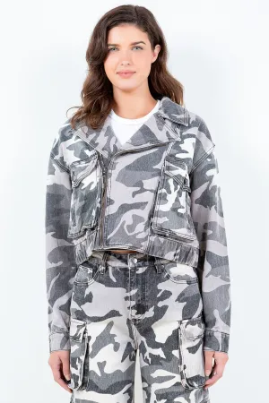 Camouflage Zip Up Cropped Rider Jacket Plus Size