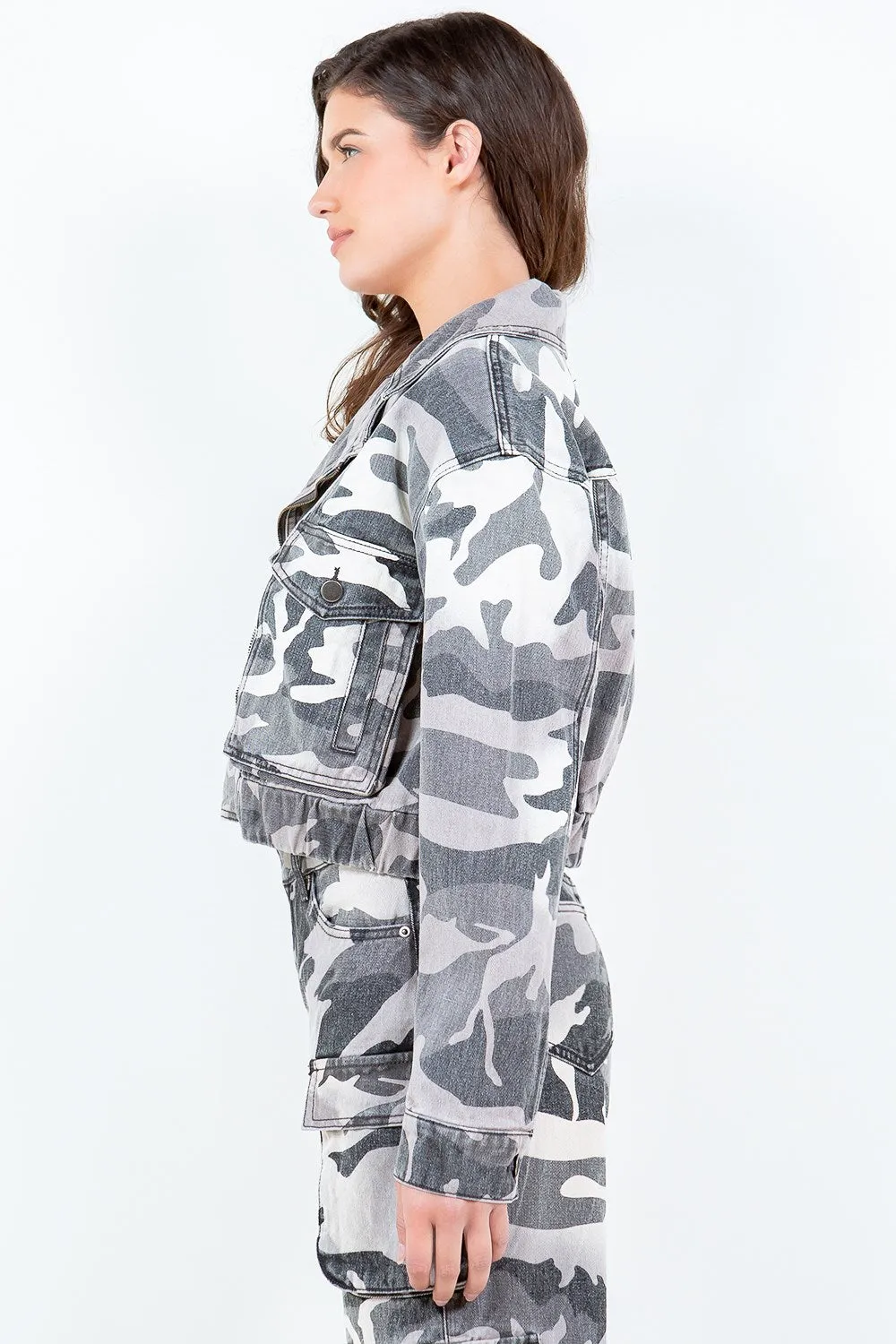 Camouflage Zip Up Cropped Rider Jacket Plus Size