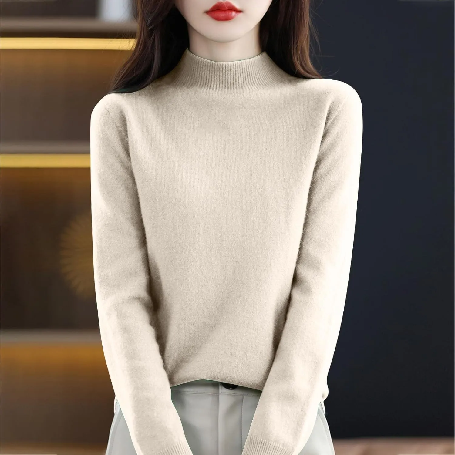Cashmere Sweaters for Women Mock Neck Comfy Soft Long Sleeve Sweater Pullover Cashmere Fall Thin Sweater Tops