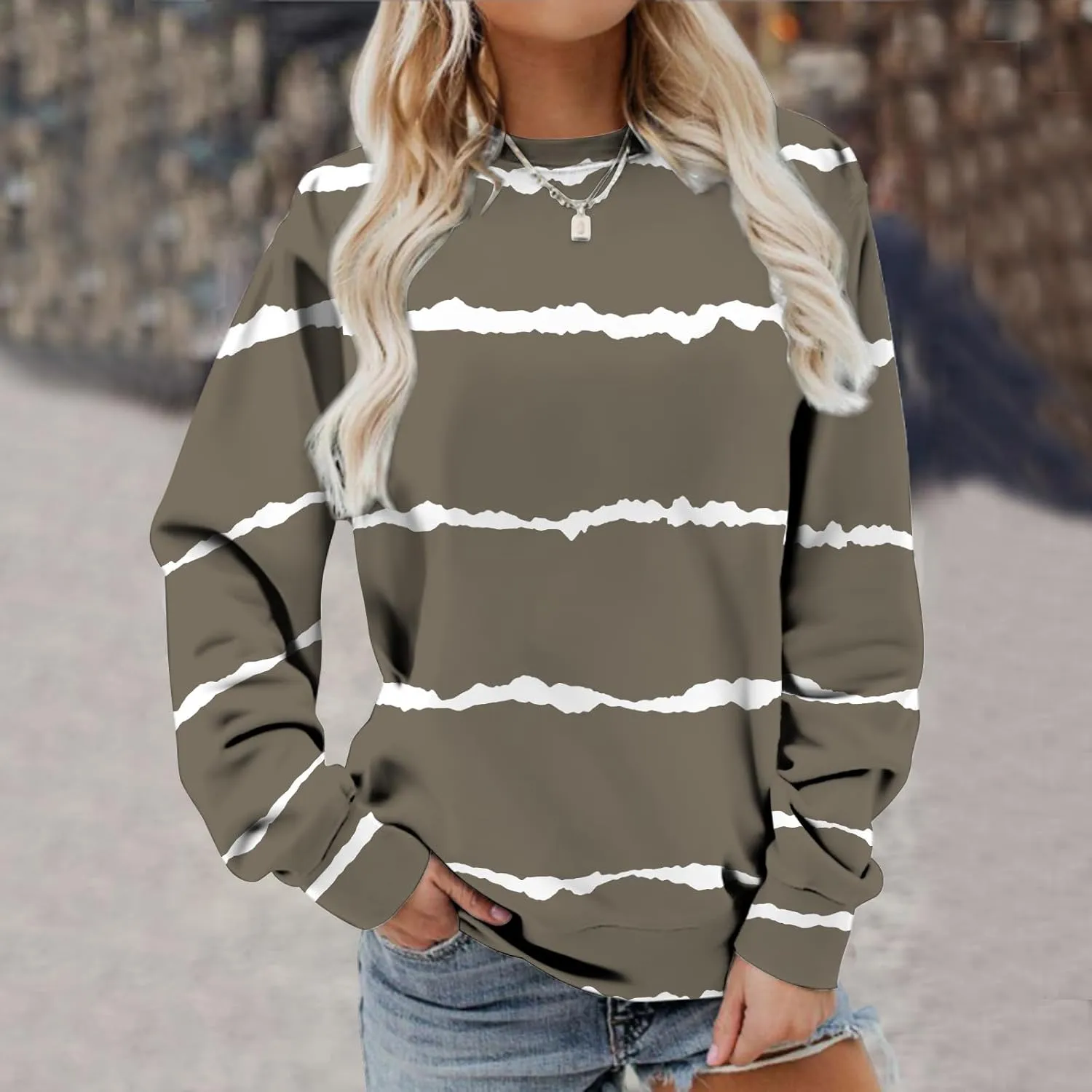 Ceboyel Womens Long Sleeve Shirts Striped Print Sweatshirt Crewneck Pullover Tops Trendy Casual Fall Clothes 2023