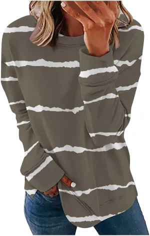 Ceboyel Womens Long Sleeve Shirts Striped Print Sweatshirt Crewneck Pullover Tops Trendy Casual Fall Clothes 2023