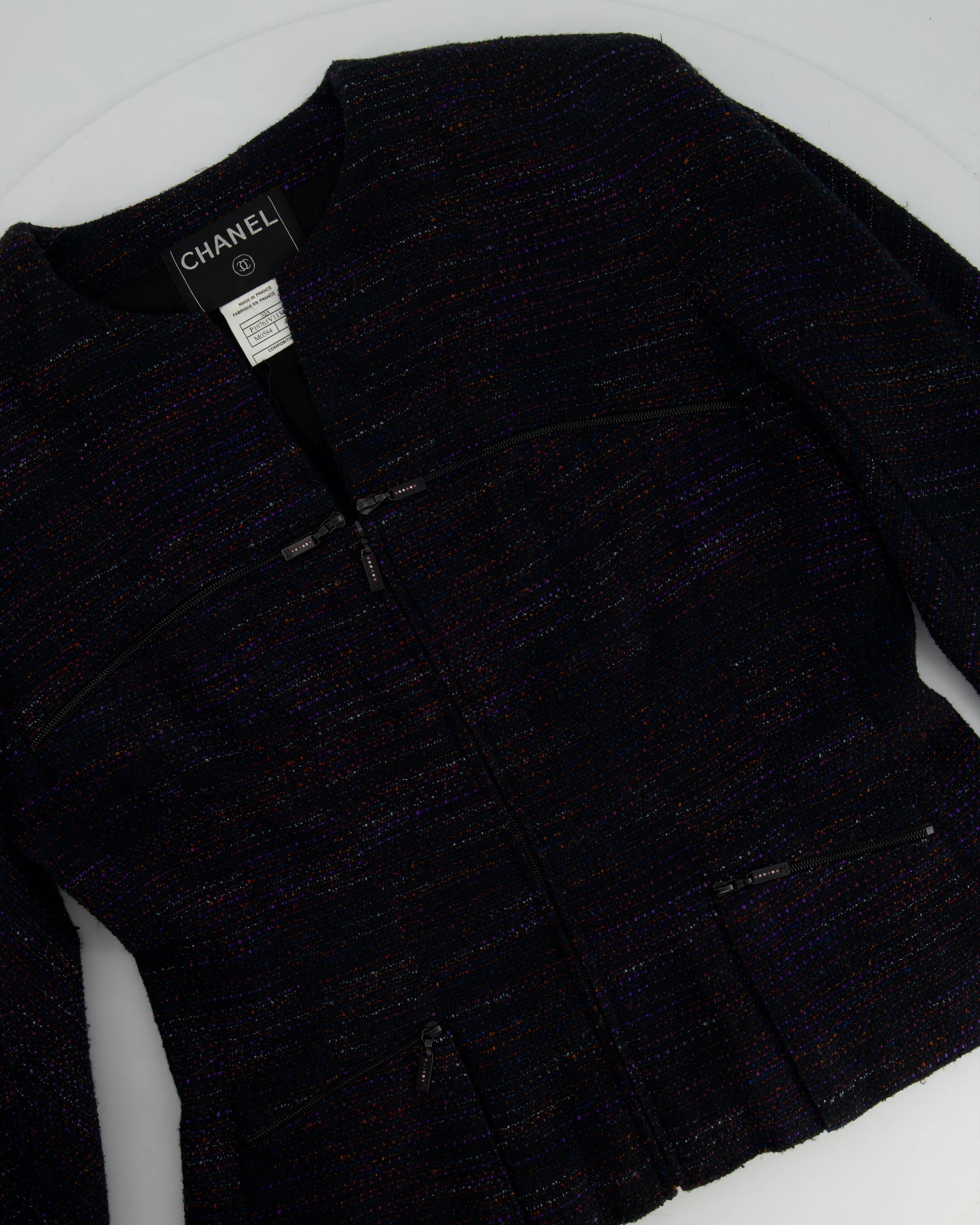 Chanel 02a Navy And Multi-colour Tweed Long Sleeve Jacket With Zip Details Size Fr 42 (uk 14)