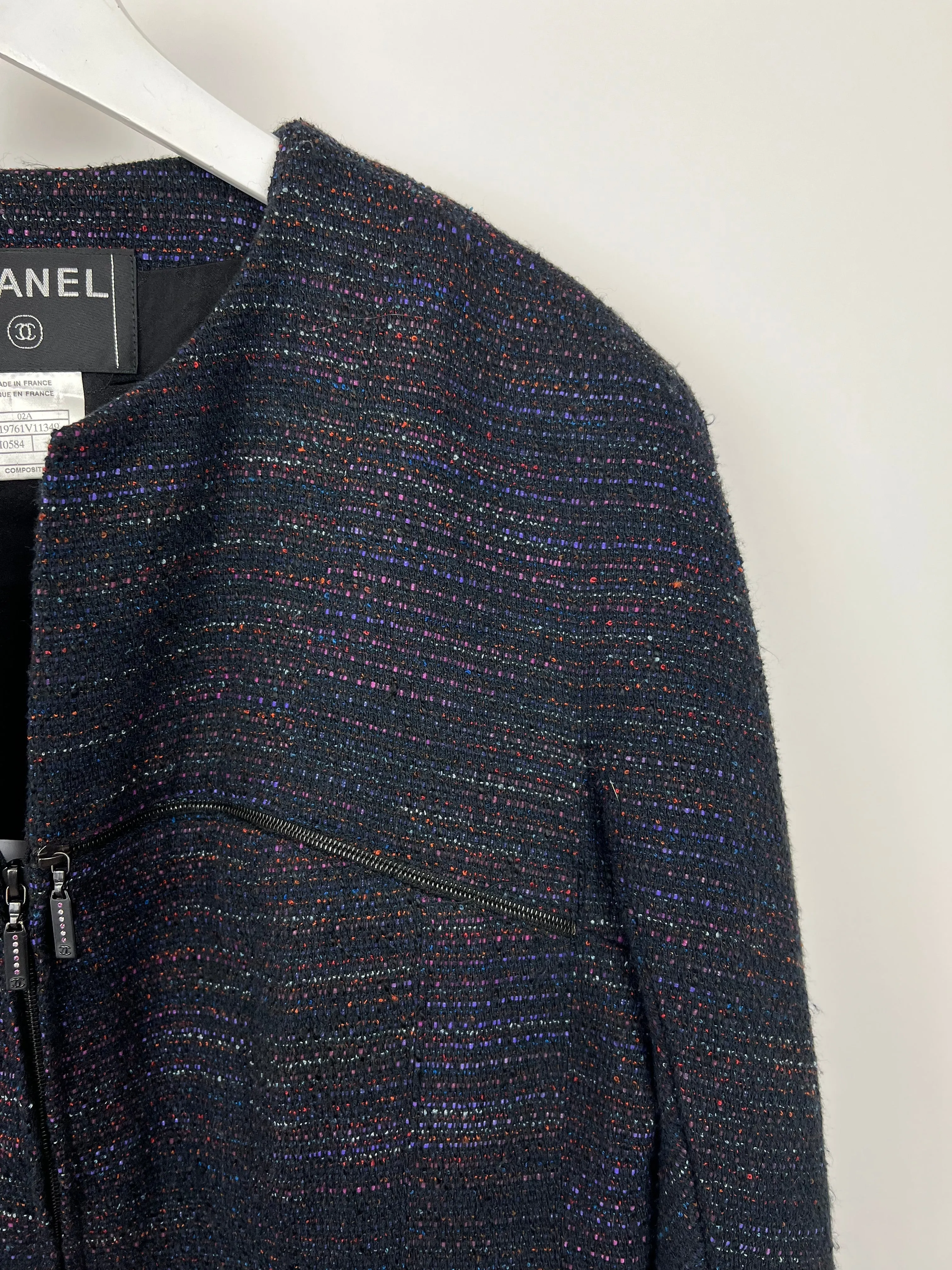 Chanel 02a Navy And Multi-colour Tweed Long Sleeve Jacket With Zip Details Size Fr 42 (uk 14)