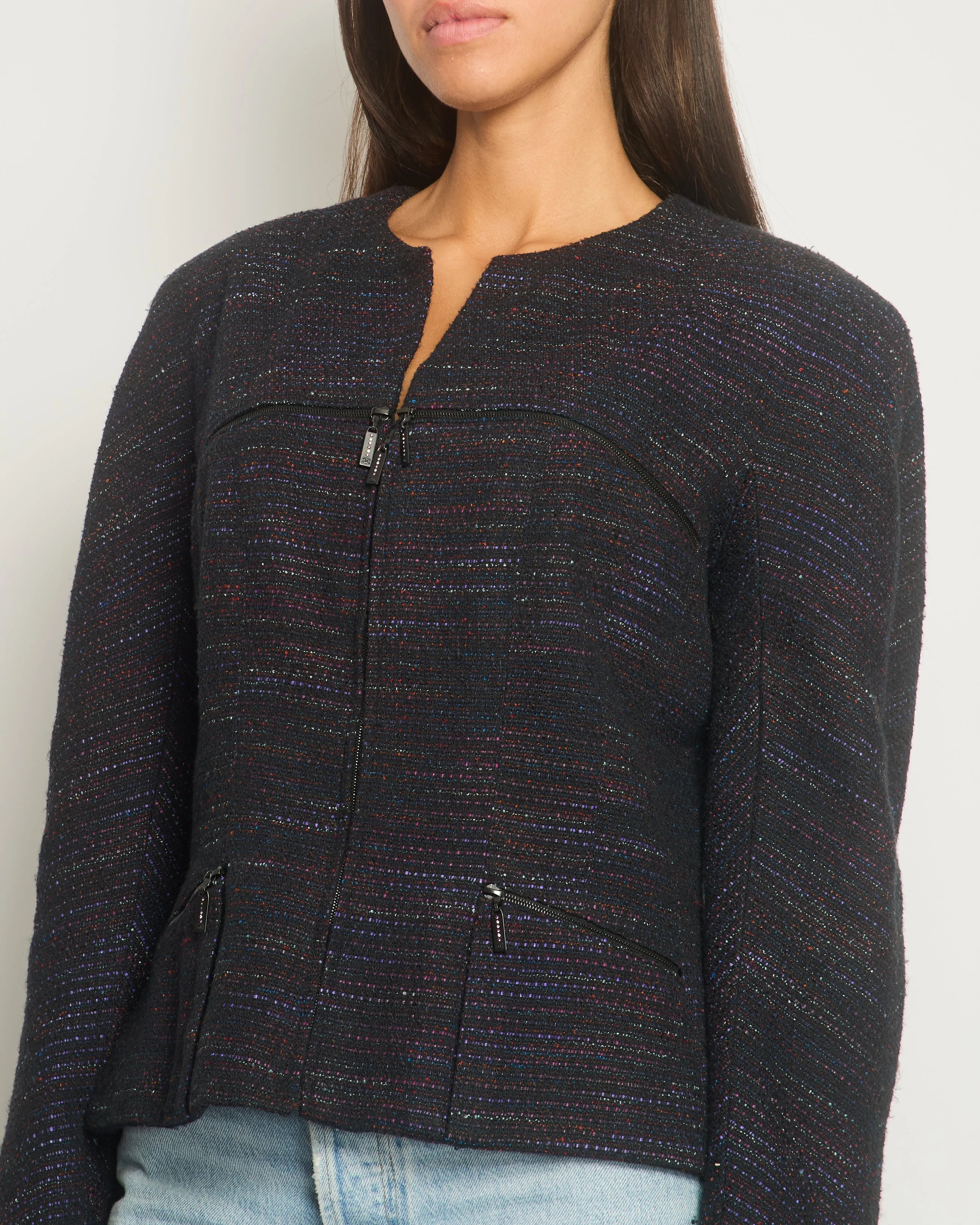 Chanel 02a Navy And Multi-colour Tweed Long Sleeve Jacket With Zip Details Size Fr 42 (uk 14)