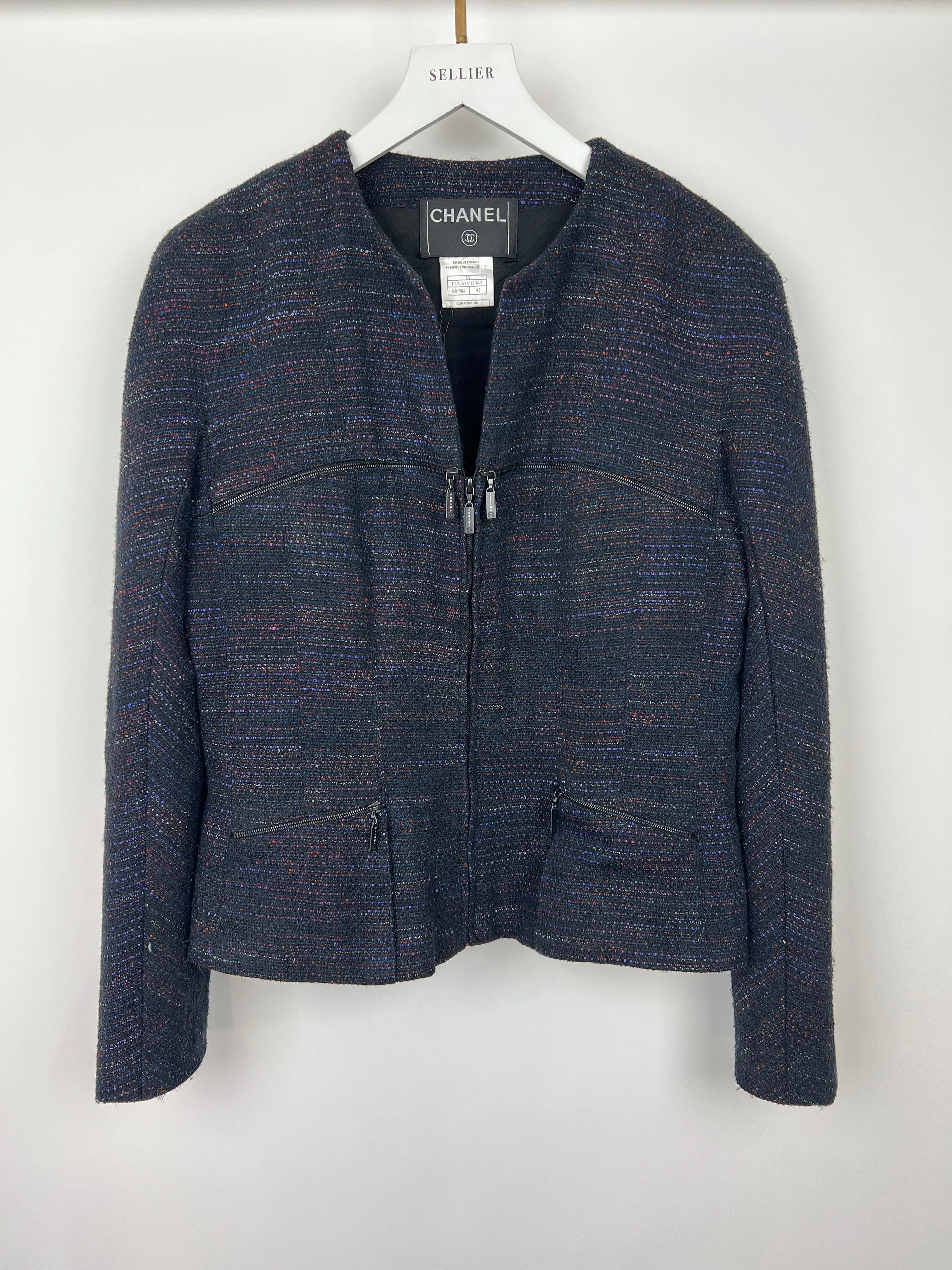 Chanel 02a Navy And Multi-colour Tweed Long Sleeve Jacket With Zip Details Size Fr 42 (uk 14)