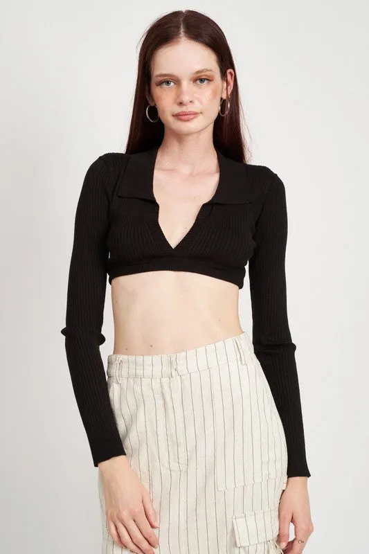Collared V Neck Crop Top