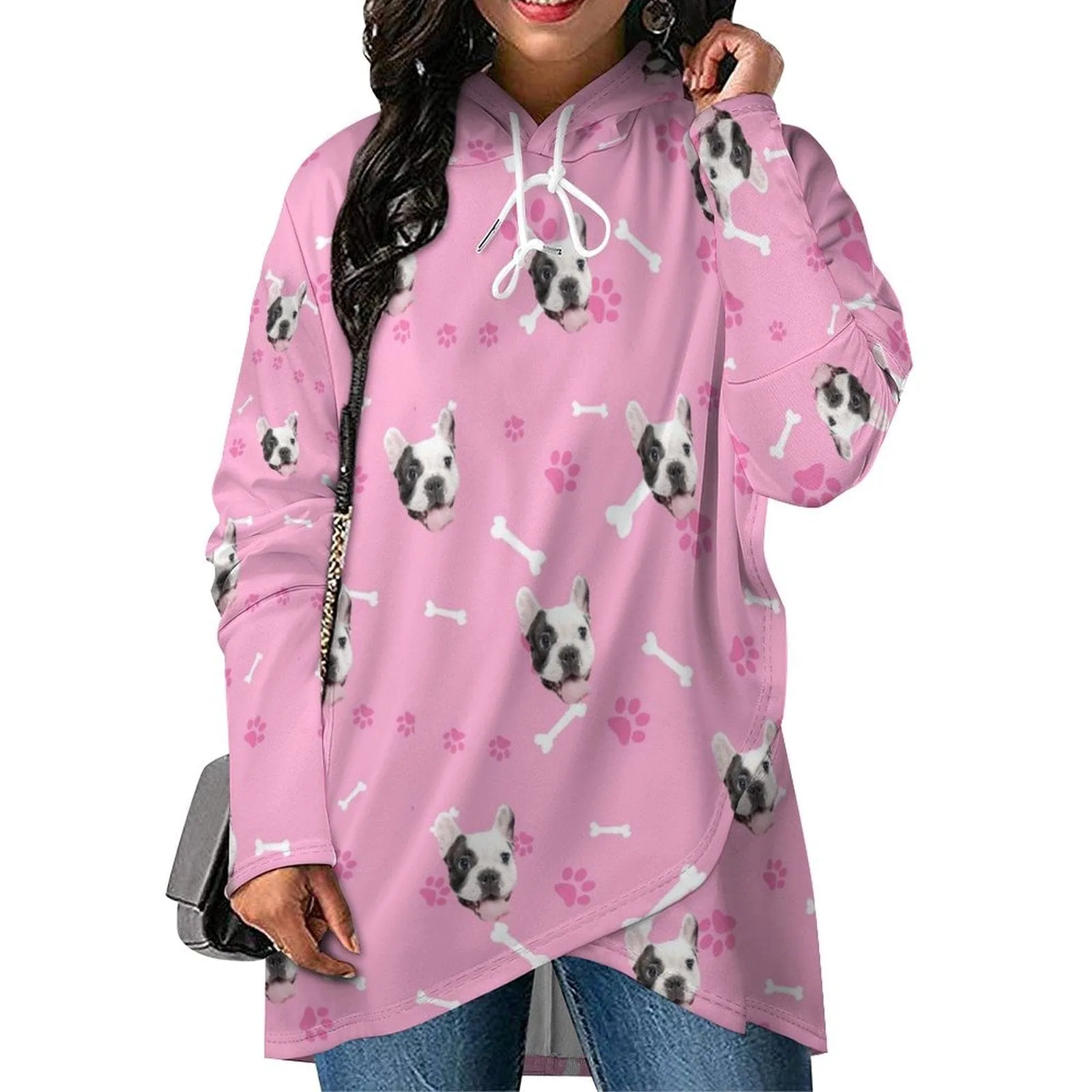 Custom Pet Face Women's Mid-length Hoodies Pink Personalized Loose Cross Hem Hooded Pullover Design Your Own Hoodie