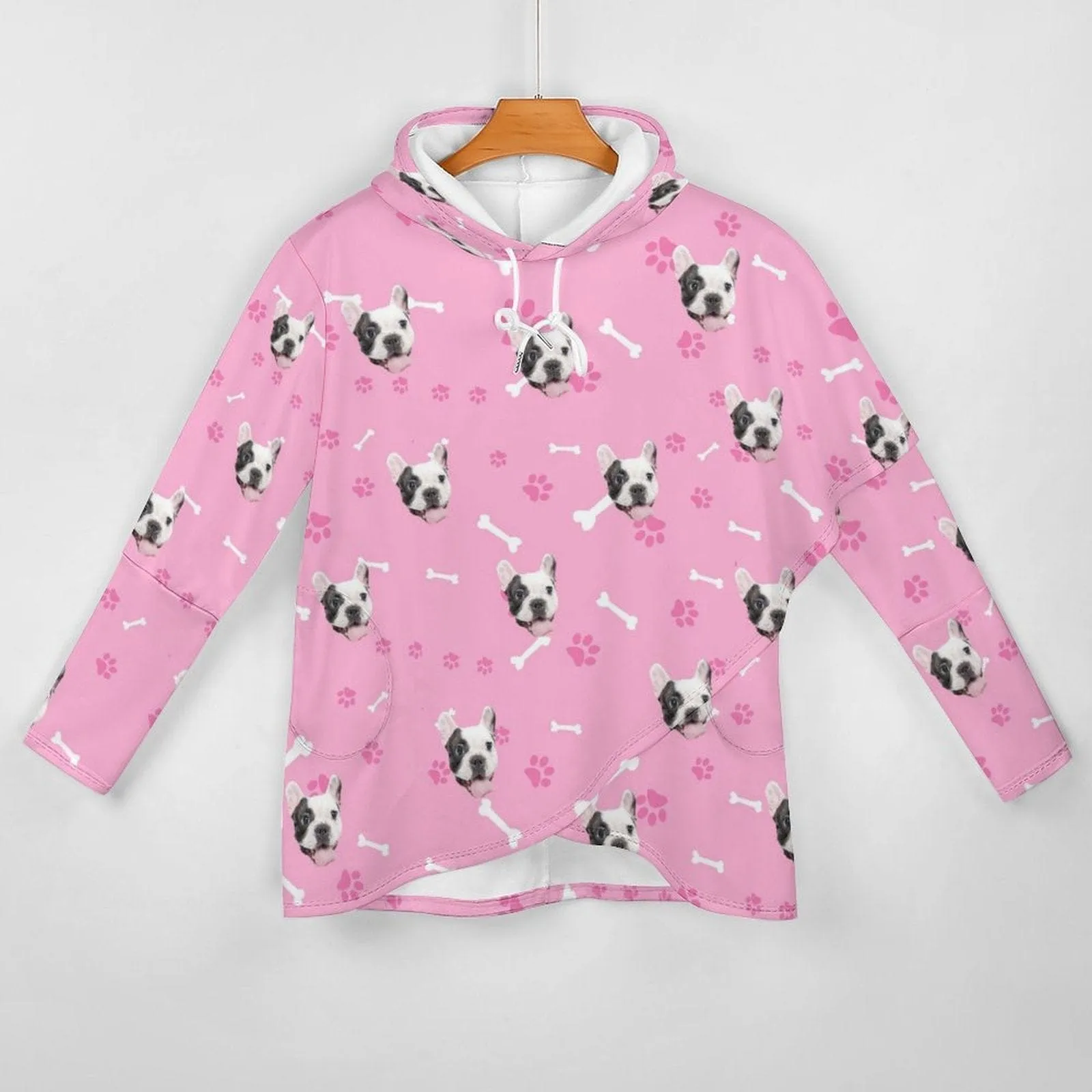 Custom Pet Face Women's Mid-length Hoodies Pink Personalized Loose Cross Hem Hooded Pullover Design Your Own Hoodie