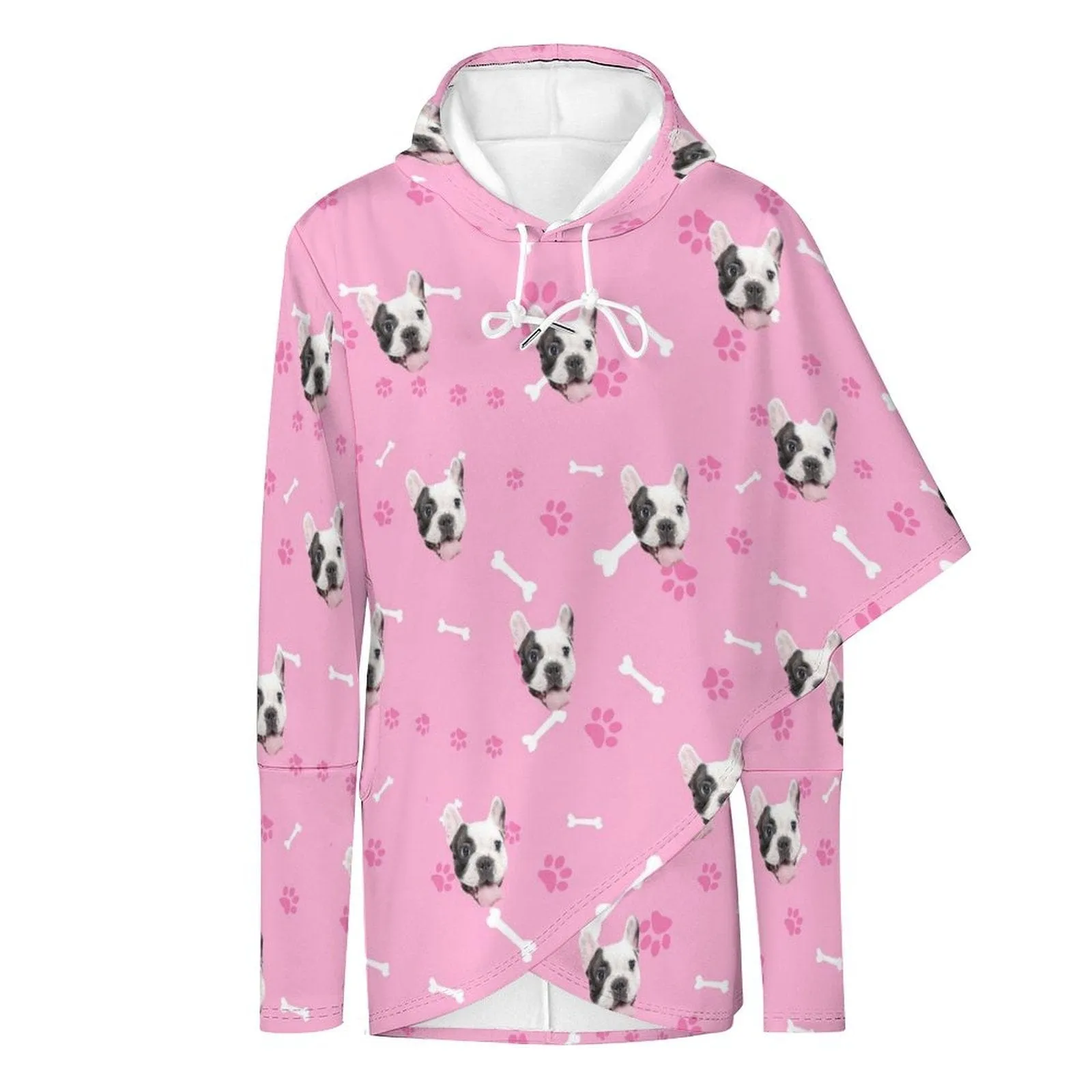 Custom Pet Face Women's Mid-length Hoodies Pink Personalized Loose Cross Hem Hooded Pullover Design Your Own Hoodie