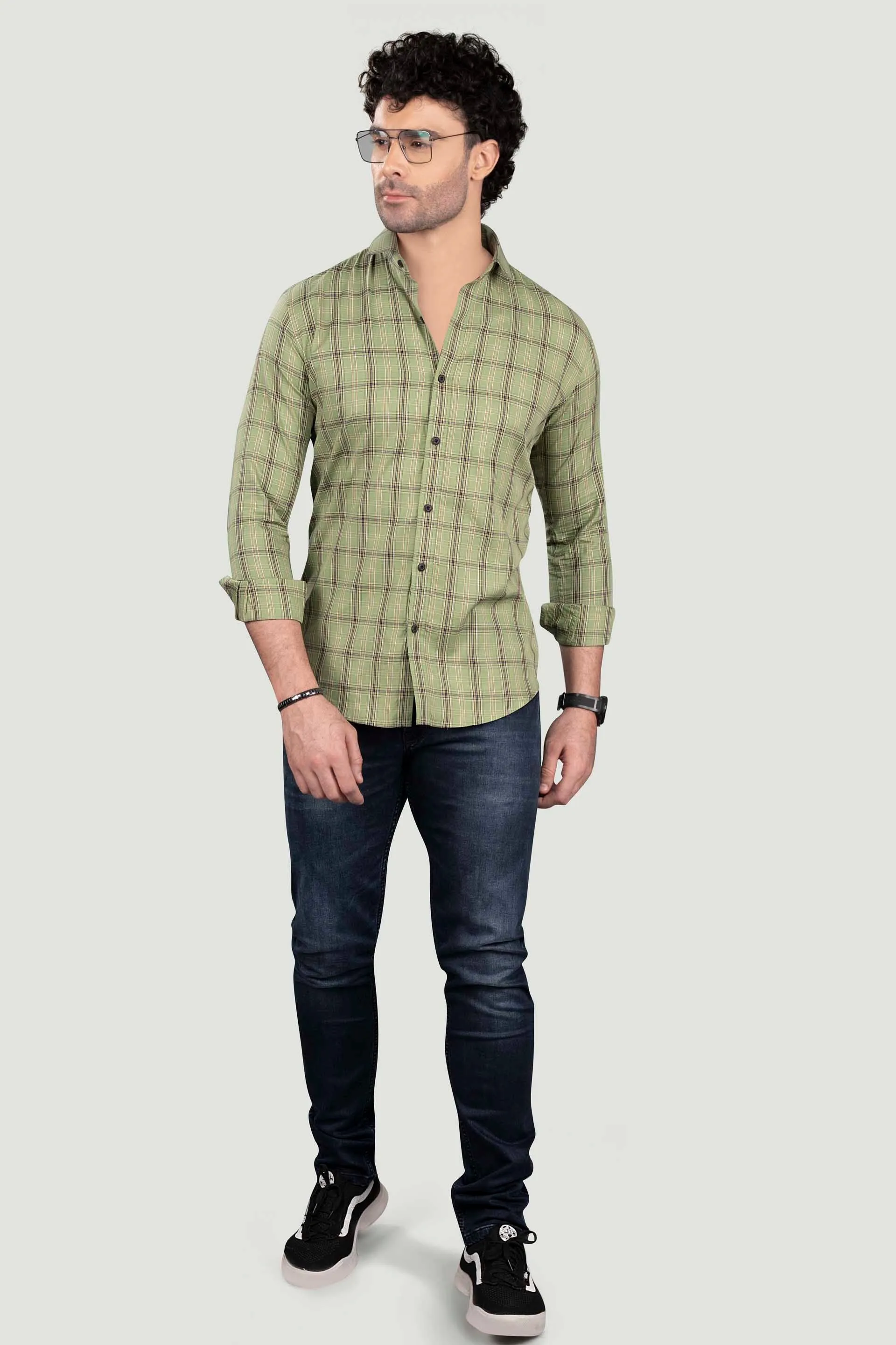 Demid Light Green Cotton Check Shirt