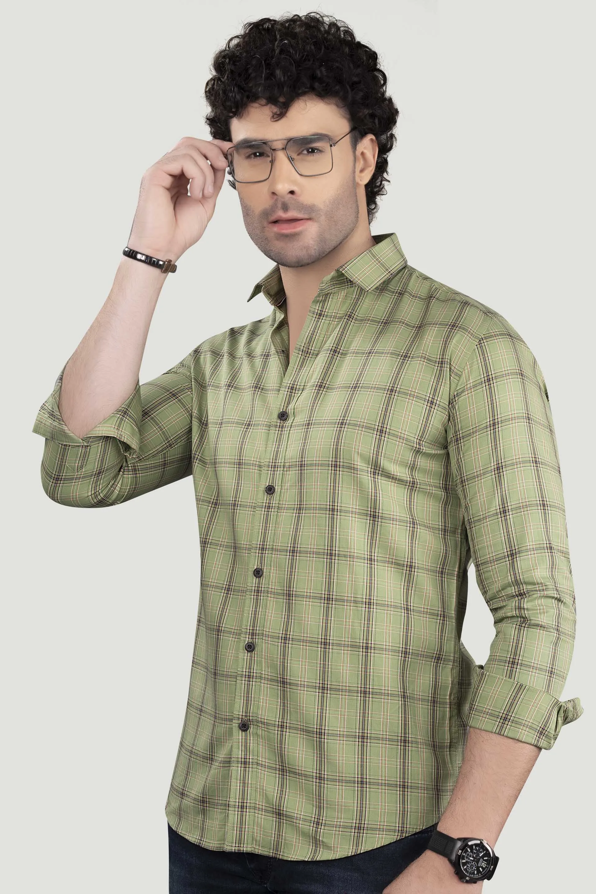 Demid Light Green Cotton Check Shirt