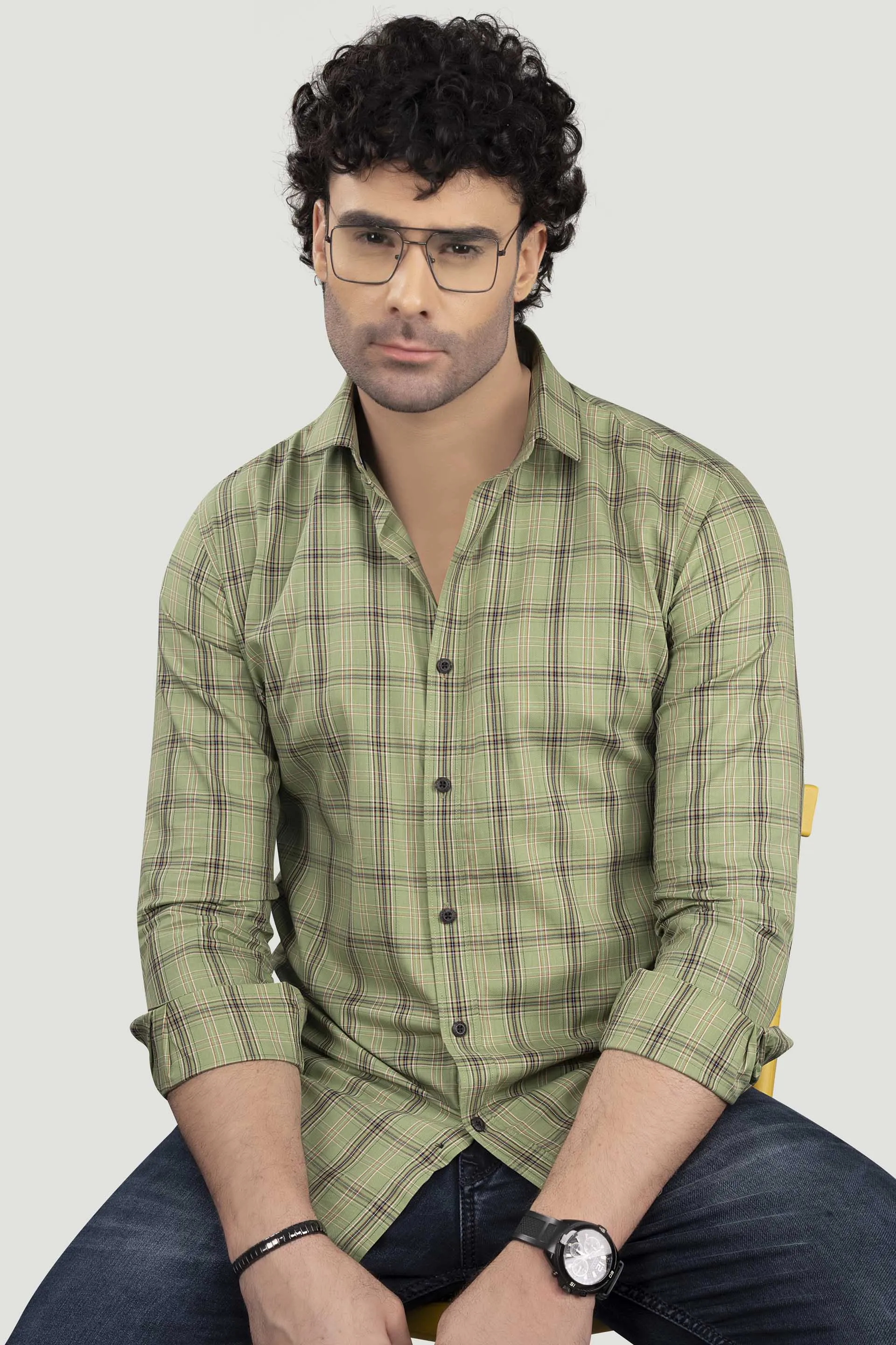 Demid Light Green Cotton Check Shirt
