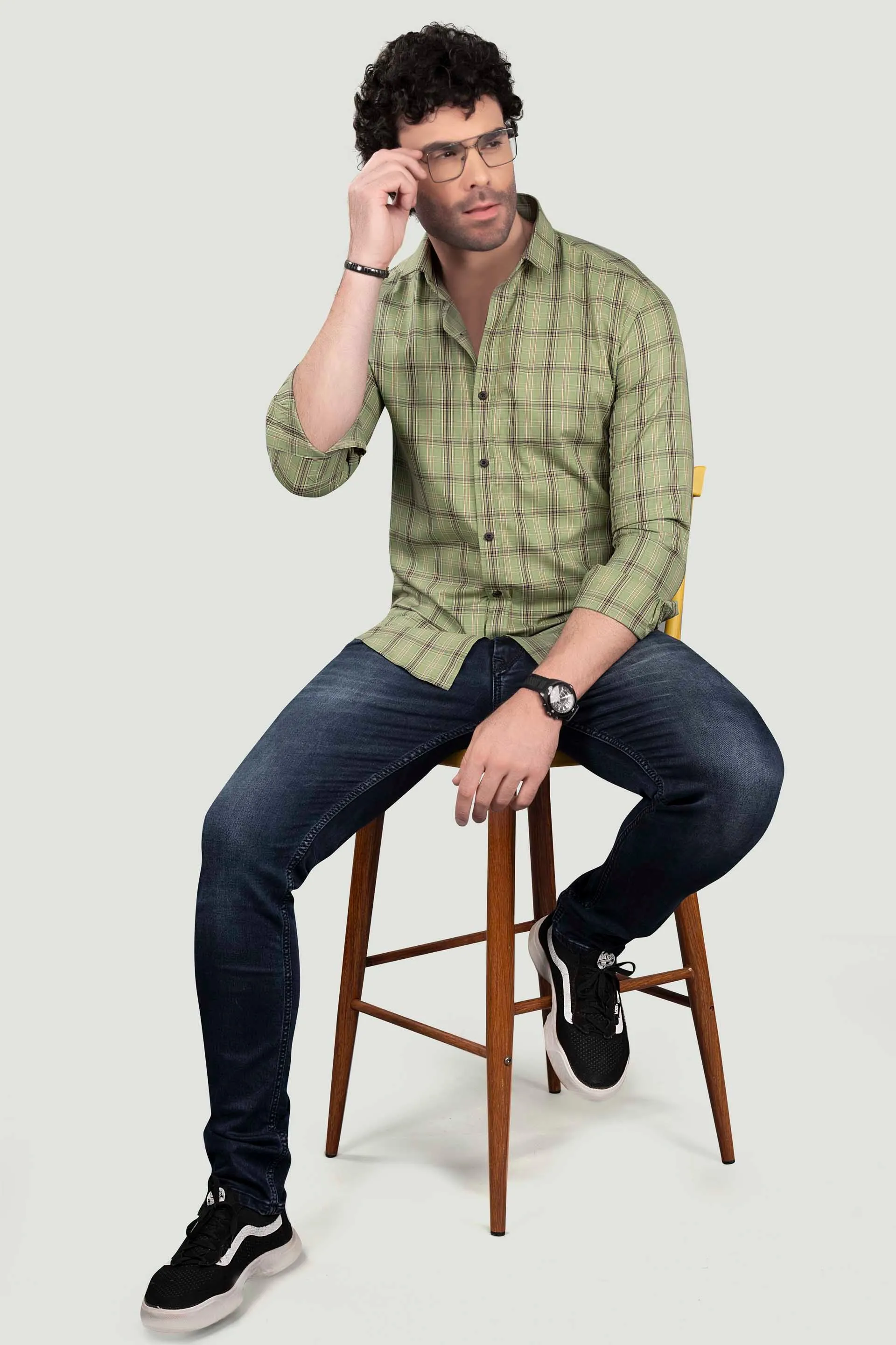 Demid Light Green Cotton Check Shirt