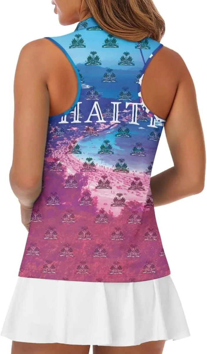 ENLACHIC Womens Golf Shirts Polynesian Haitian Flag Print Sleeveless Tank Tops Racerback Collared Quick Dry Polo Shirts