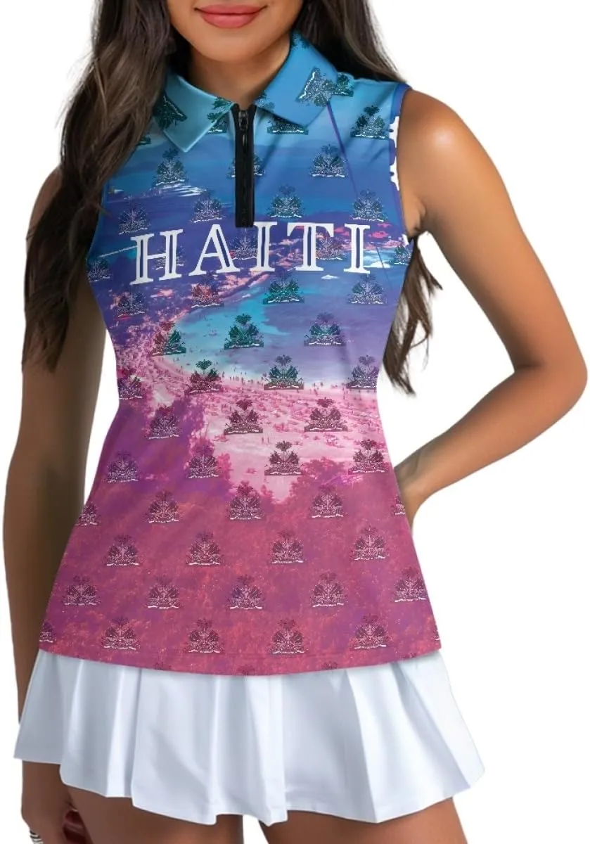 ENLACHIC Womens Golf Shirts Polynesian Haitian Flag Print Sleeveless Tank Tops Racerback Collared Quick Dry Polo Shirts