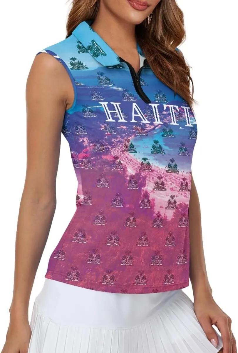ENLACHIC Womens Golf Shirts Polynesian Haitian Flag Print Sleeveless Tank Tops Racerback Collared Quick Dry Polo Shirts