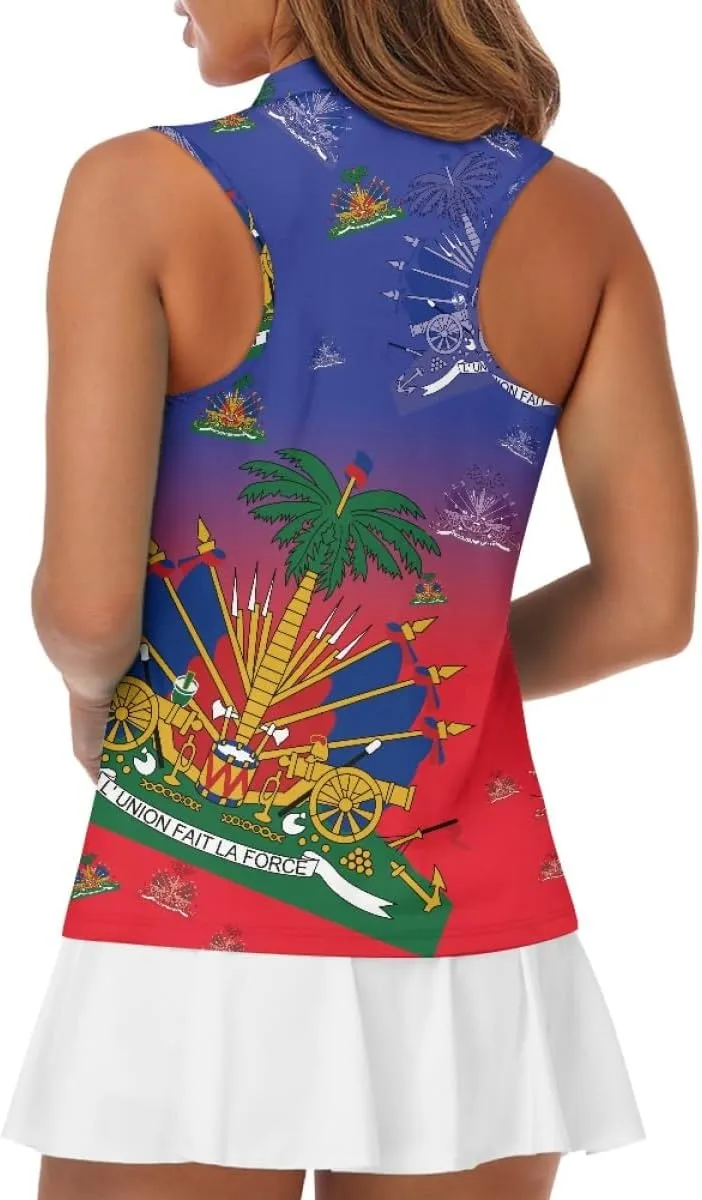 ENLACHIC Womens Golf Shirts Polynesian Haitian Flag Print Sleeveless Tank Tops Racerback Collared Quick Dry Polo Shirts