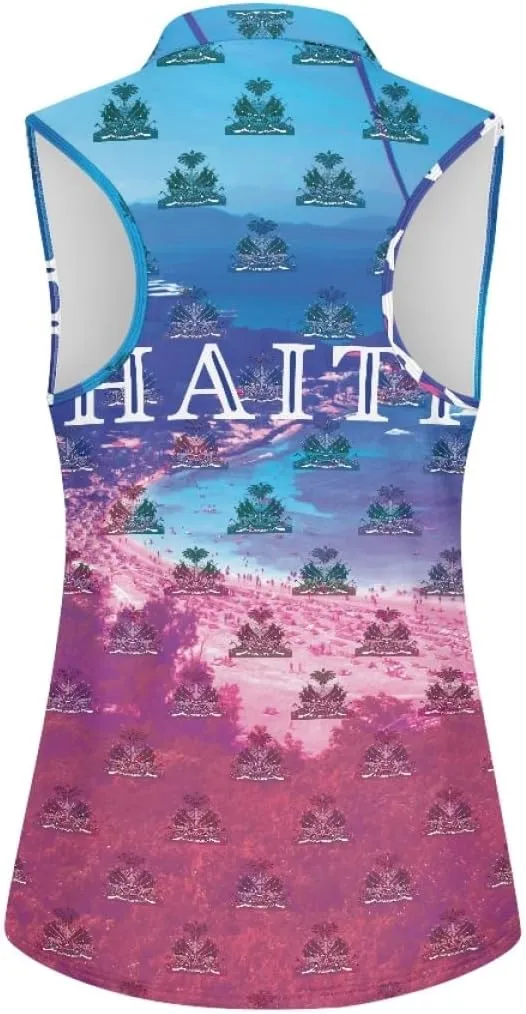 ENLACHIC Womens Golf Shirts Polynesian Haitian Flag Print Sleeveless Tank Tops Racerback Collared Quick Dry Polo Shirts