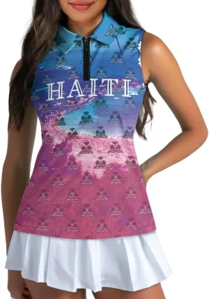 ENLACHIC Womens Golf Shirts Polynesian Haitian Flag Print Sleeveless Tank Tops Racerback Collared Quick Dry Polo Shirts