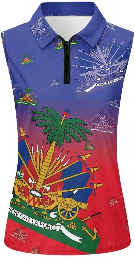 ENLACHIC Womens Golf Shirts Polynesian Haitian Flag Print Sleeveless Tank Tops Racerback Collared Quick Dry Polo Shirts