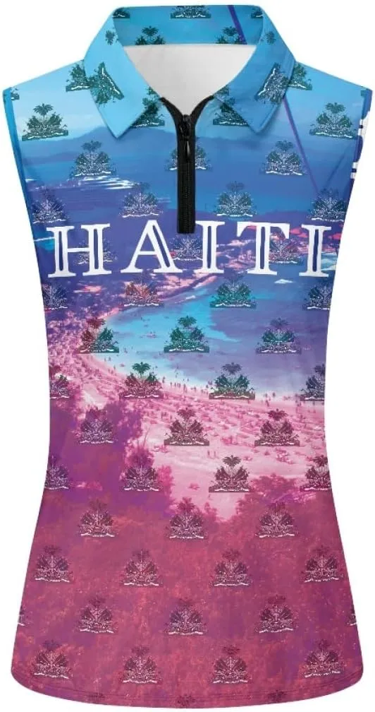 ENLACHIC Womens Golf Shirts Polynesian Haitian Flag Print Sleeveless Tank Tops Racerback Collared Quick Dry Polo Shirts