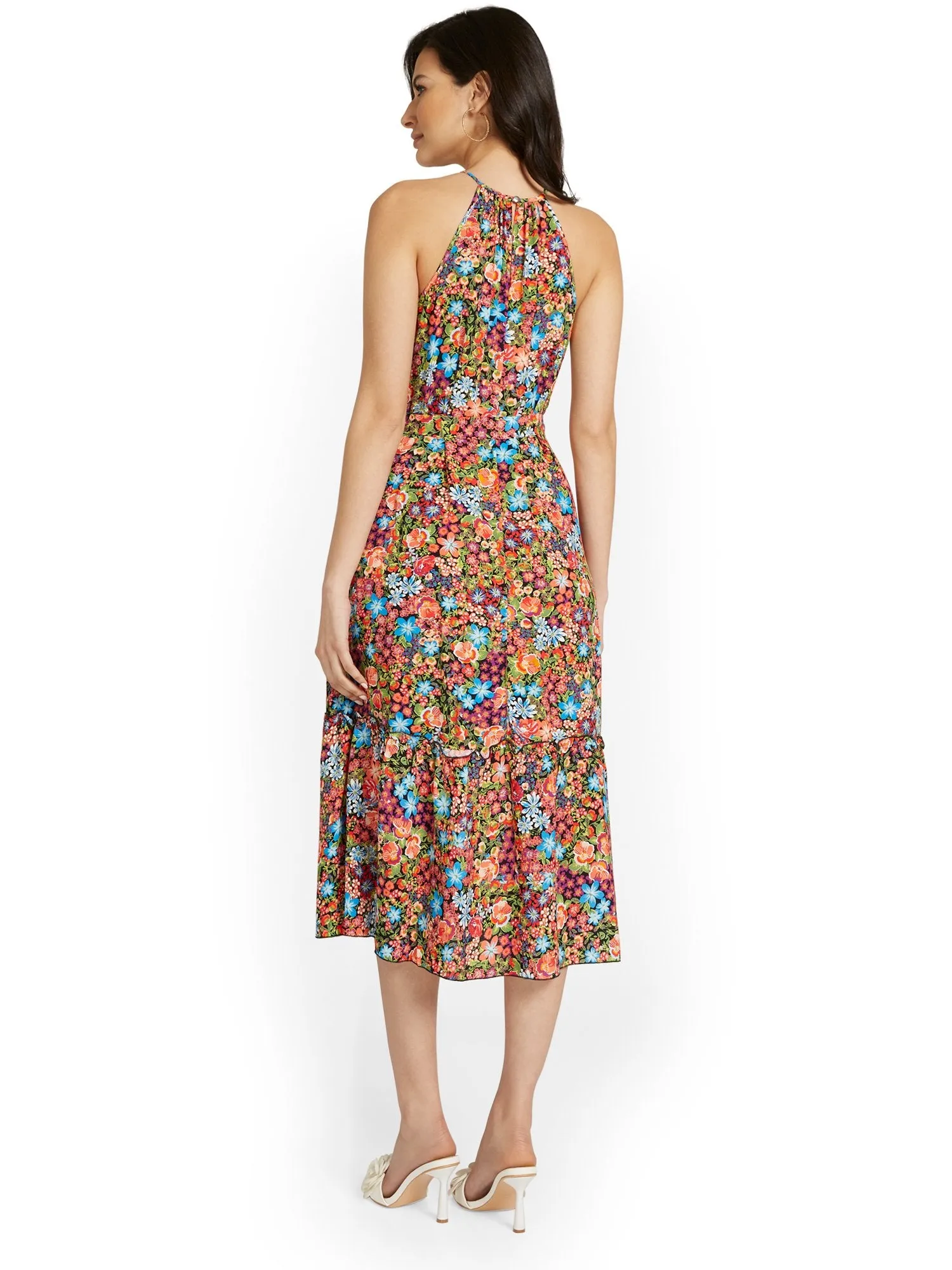 Floral-Print Tiered Halterneck Midi Dress
