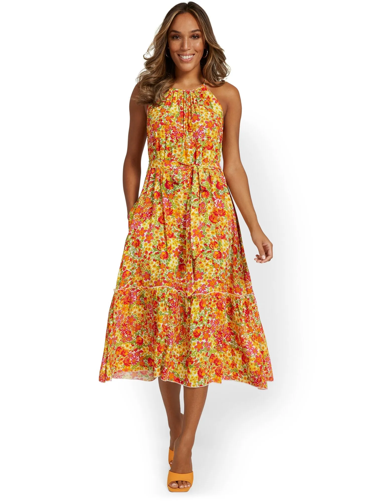 Floral-Print Tiered Halterneck Midi Dress