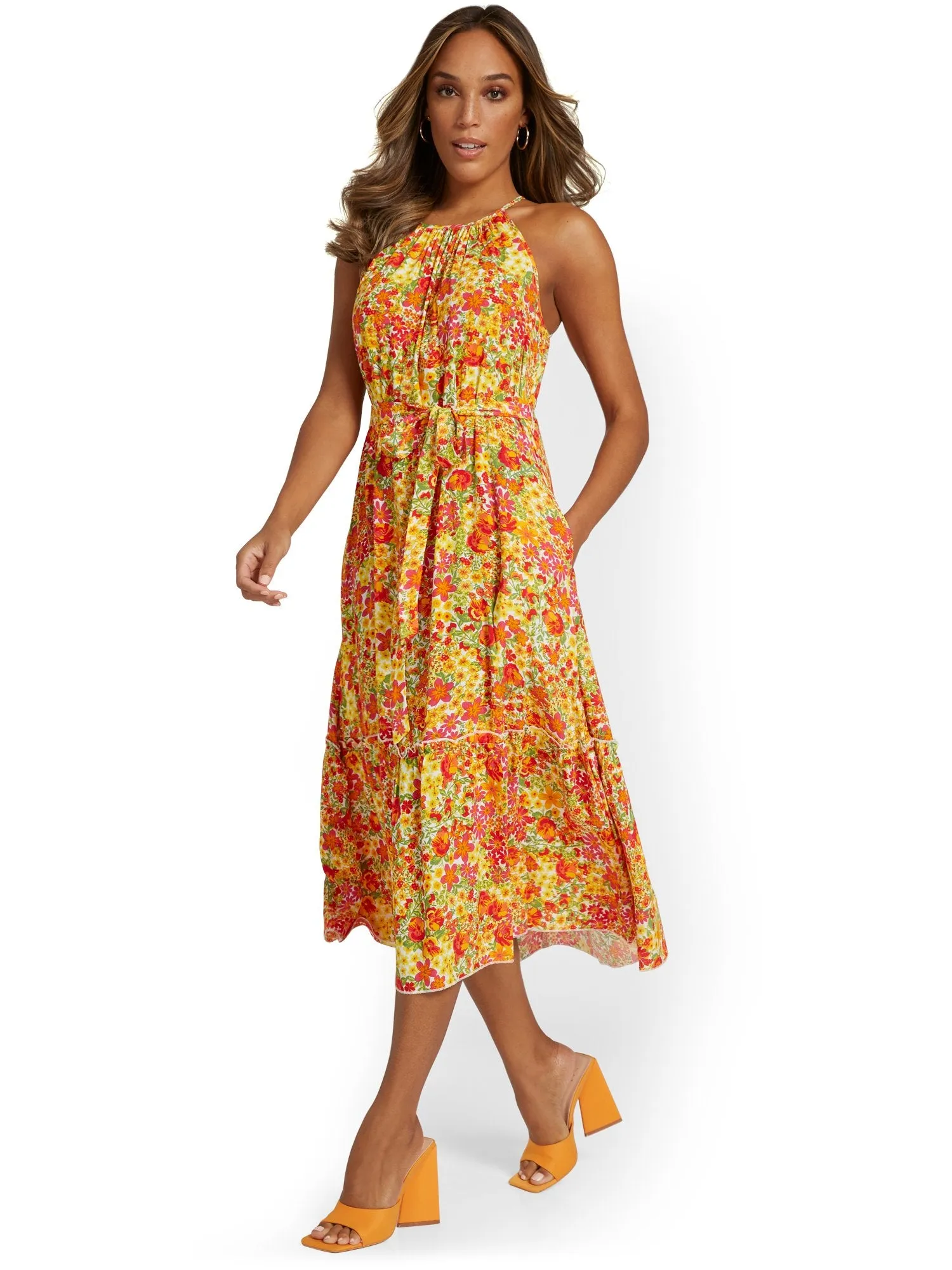 Floral-Print Tiered Halterneck Midi Dress