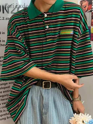Gmiixder Striped Short Sleeve Shirt Summer  Men Women's High Street Oversize Tees Japan Vintage Turn Down Collar Tshirt