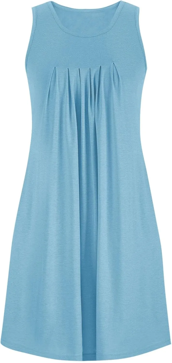 hlysgo Beach Dress for Women 2025 Summer Casual Sleeveless Crew Neck Pleated Dresses Loose Comfy Mini Sundress with Pockets