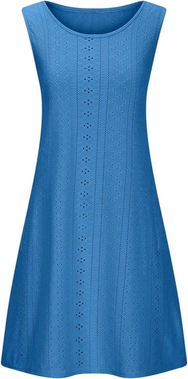 hlysgo Coverup Summer Dresses for Women 2025 Eyelet Casual Loose Sleeveless Mini Sundresses Beach Tank Dresses with Pockets