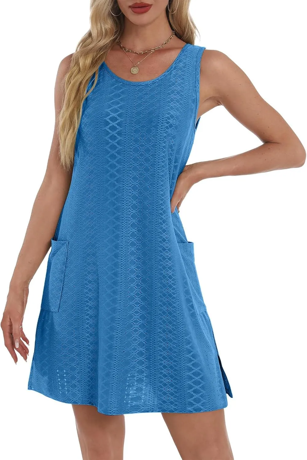 hlysgo Coverup Summer Dresses for Women 2025 Eyelet Casual Loose Sleeveless Mini Sundresses Beach Tank Dresses with Pockets
