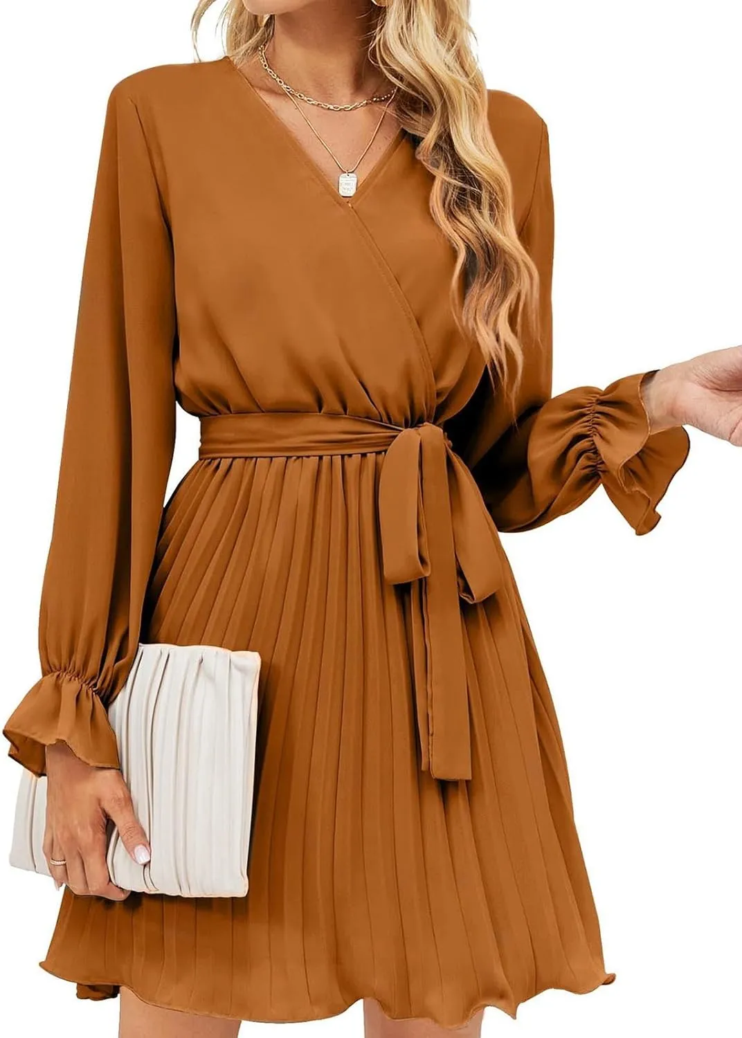 hlysgo Womens Casual Dresses 2025 Summer Slim Fit A-Line Flowy Beach Dress Trendy Long Sleeve V Neck Pleated Mini Dress