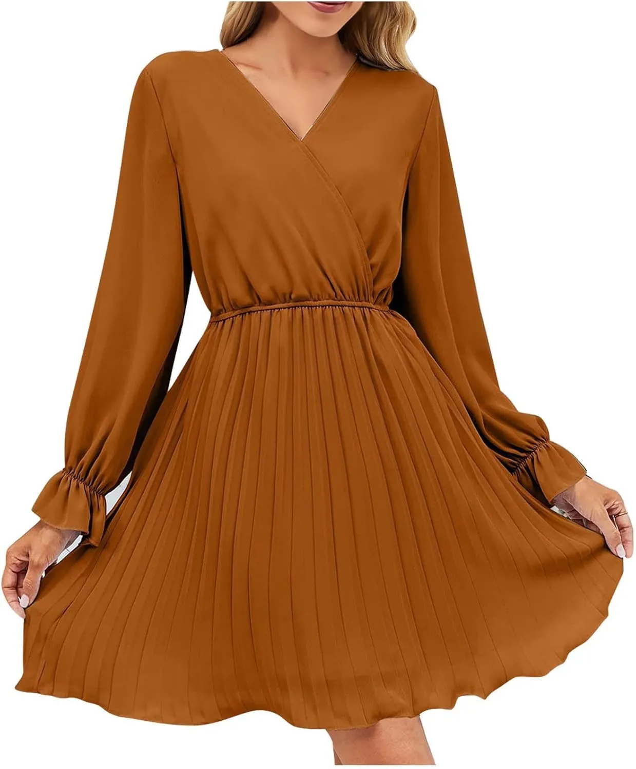 hlysgo Womens Casual Dresses 2025 Summer Slim Fit A-Line Flowy Beach Dress Trendy Long Sleeve V Neck Pleated Mini Dress