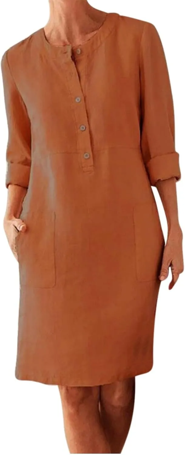 hlysgo Women's Summer Mini Dresses Trendy Cotton Linen Button Up Beach Dress Casual Long Sleeve Crew Neck Knee Length Dress