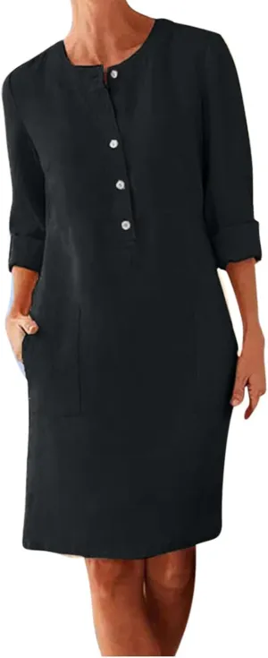 hlysgo Women's Summer Mini Dresses Trendy Cotton Linen Button Up Beach Dress Casual Long Sleeve Crew Neck Knee Length Dress