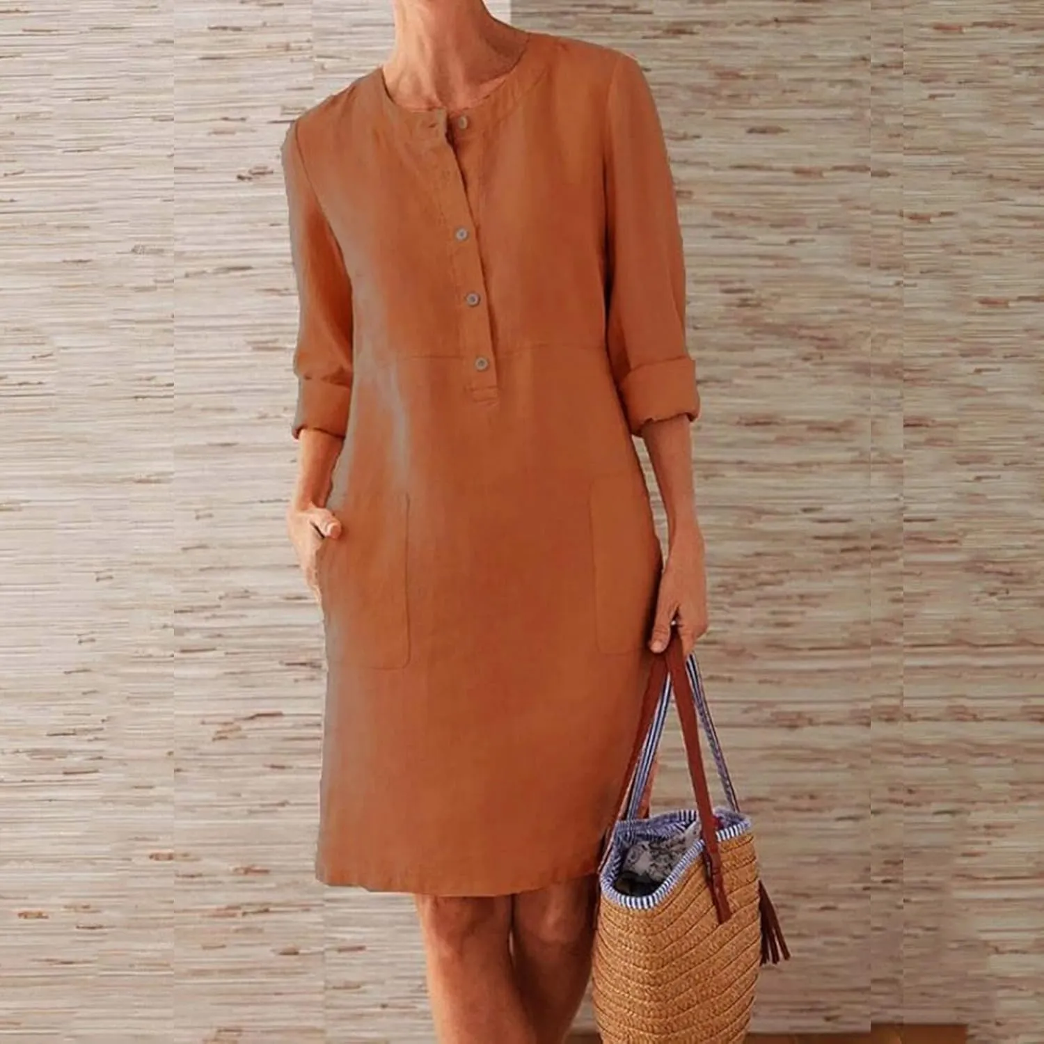 hlysgo Women's Summer Mini Dresses Trendy Cotton Linen Button Up Beach Dress Casual Long Sleeve Crew Neck Knee Length Dress