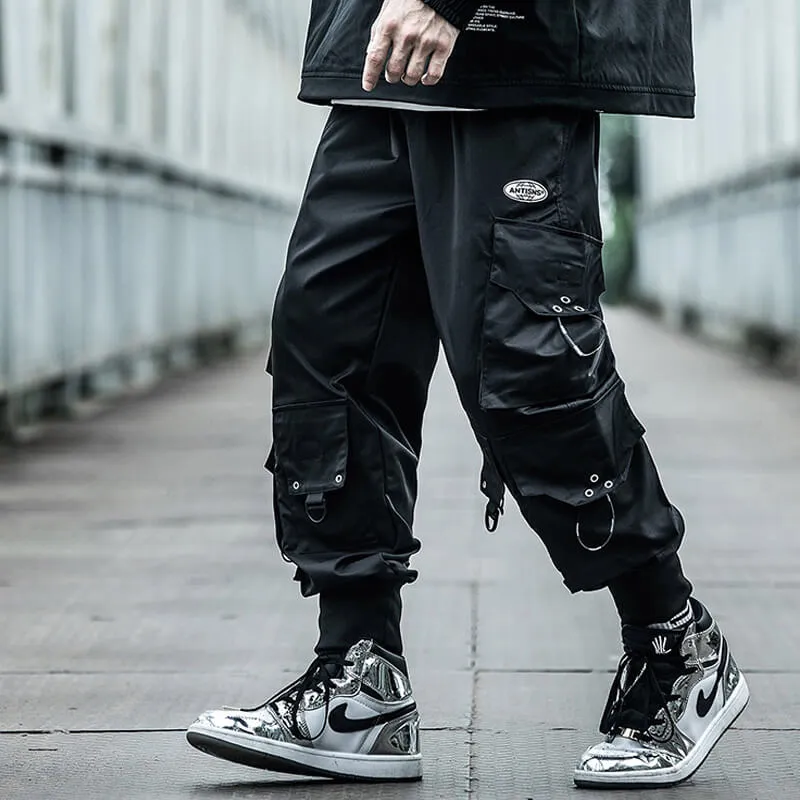 INFINIT Frizz Black Cargo Pants for Mens, Hip hop pants pocket oversize