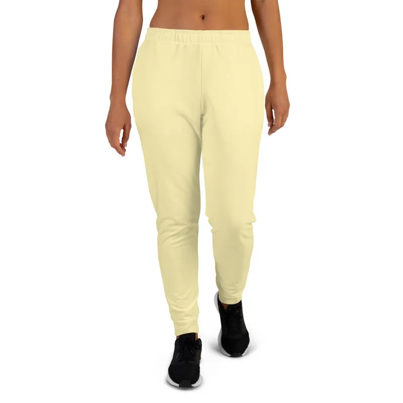 Light Yellow Women's Joggers, Solid Color Soft Ladies Jogger Pants With Pockets- Made in EU