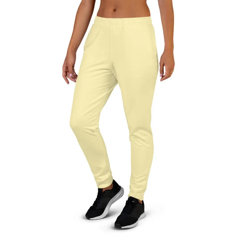 Light Yellow Women's Joggers, Solid Color Soft Ladies Jogger Pants With Pockets- Made in EU