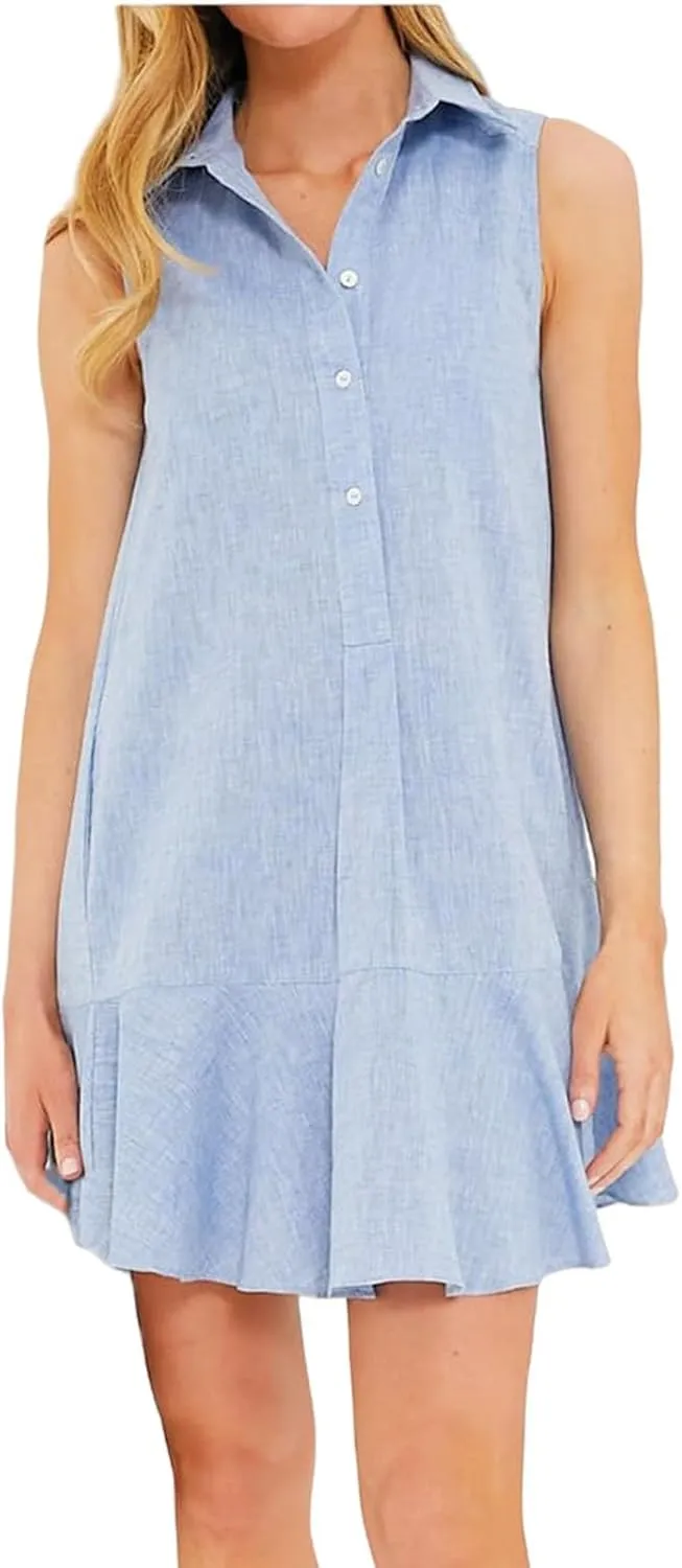 Linen Dresses for Women Casual Summer T Shirt Dress Sleeveless Button Down Ruffle Hem Tank Mini Dress Short Sundress