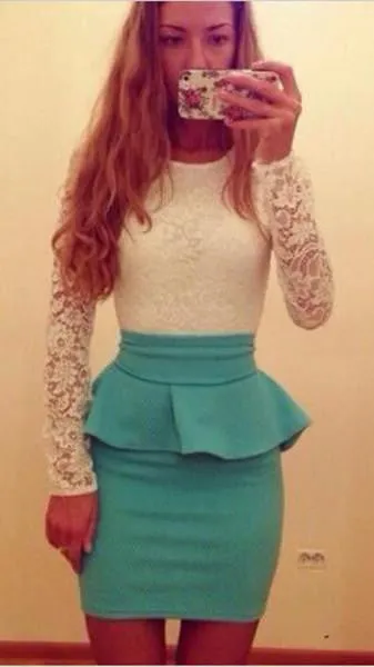 Long Sleeve Lace Splicing Bodycon Slim Fitting Short Dress