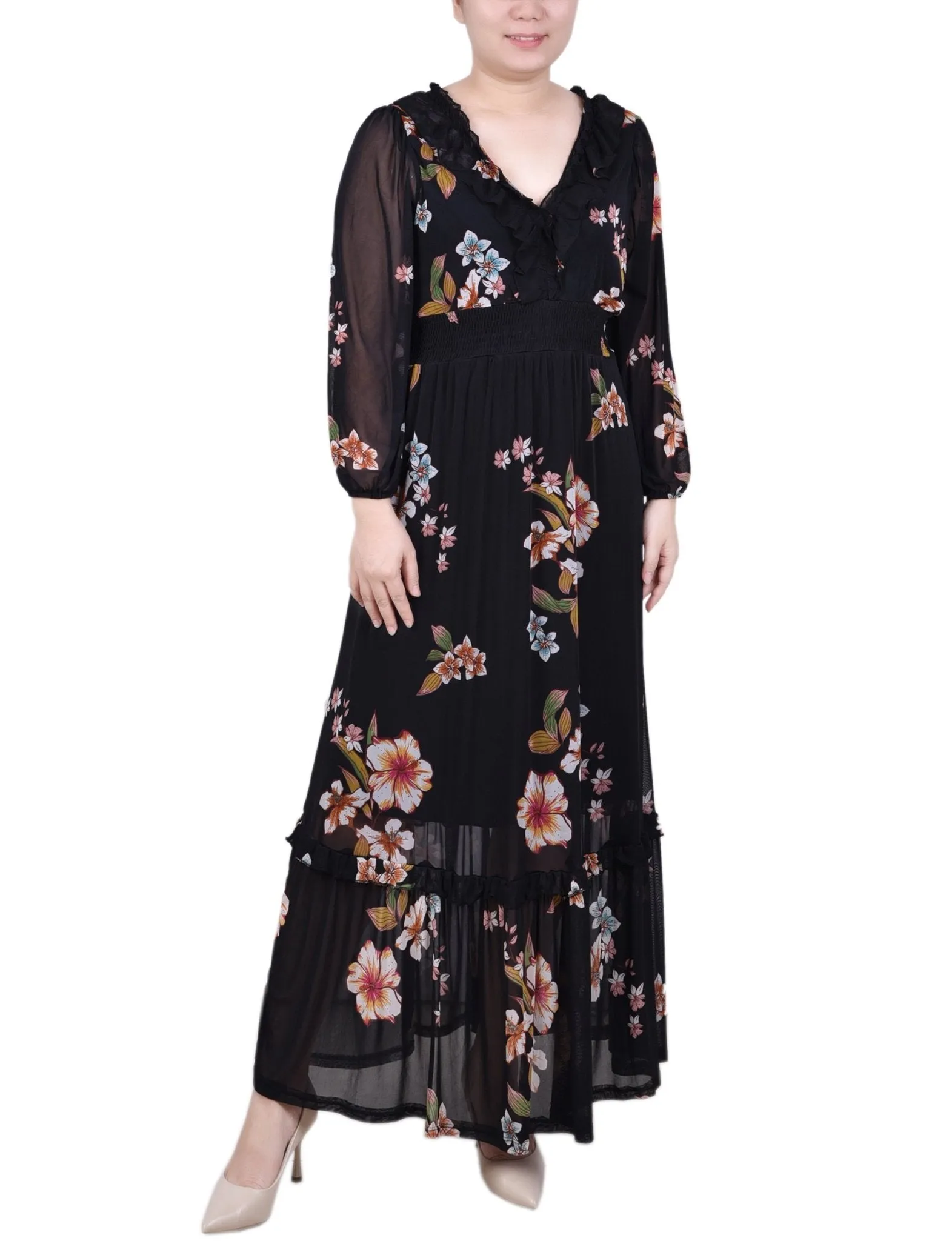 Long Sleeve Mesh Maxi Dress - Petite