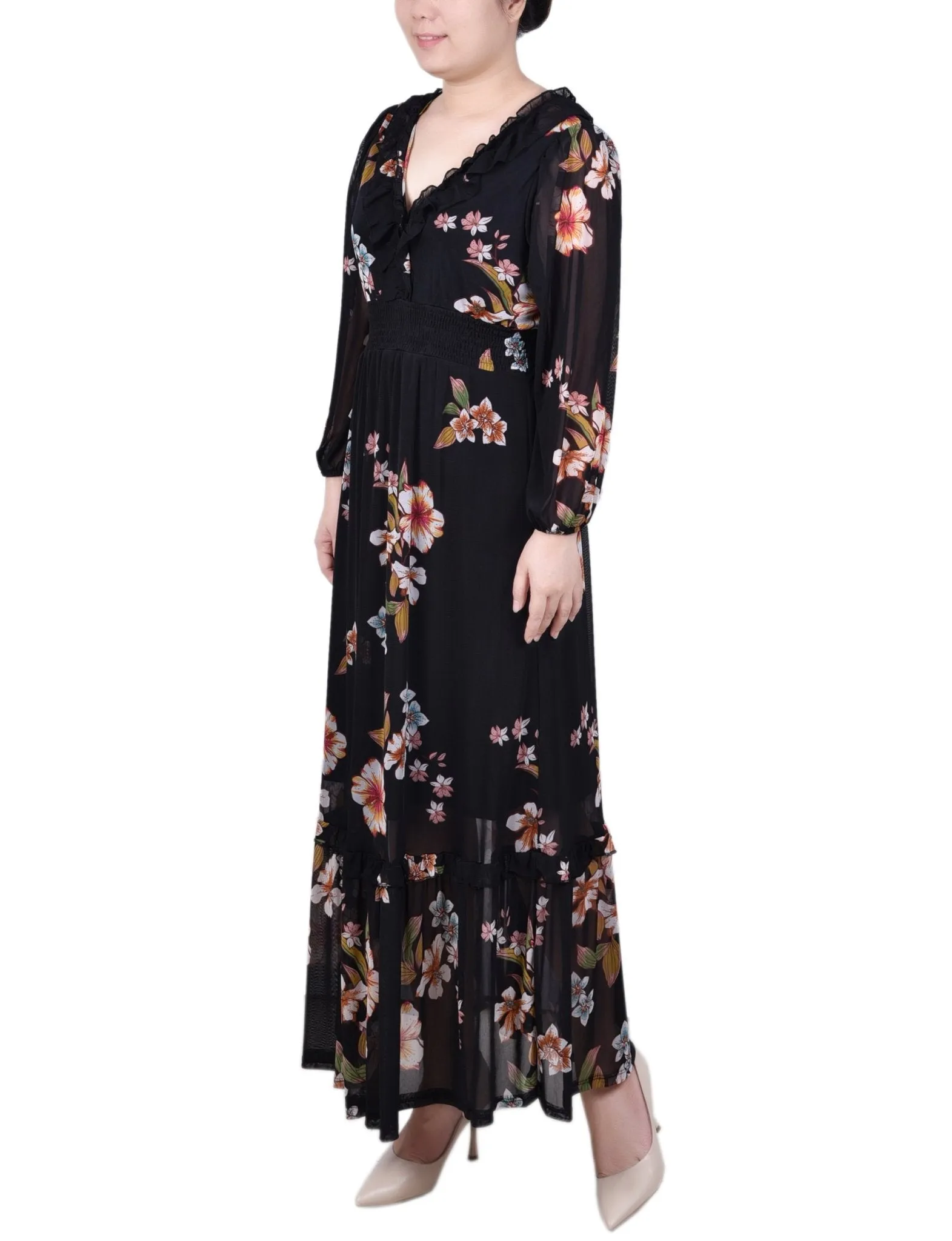 Long Sleeve Mesh Maxi Dress - Petite