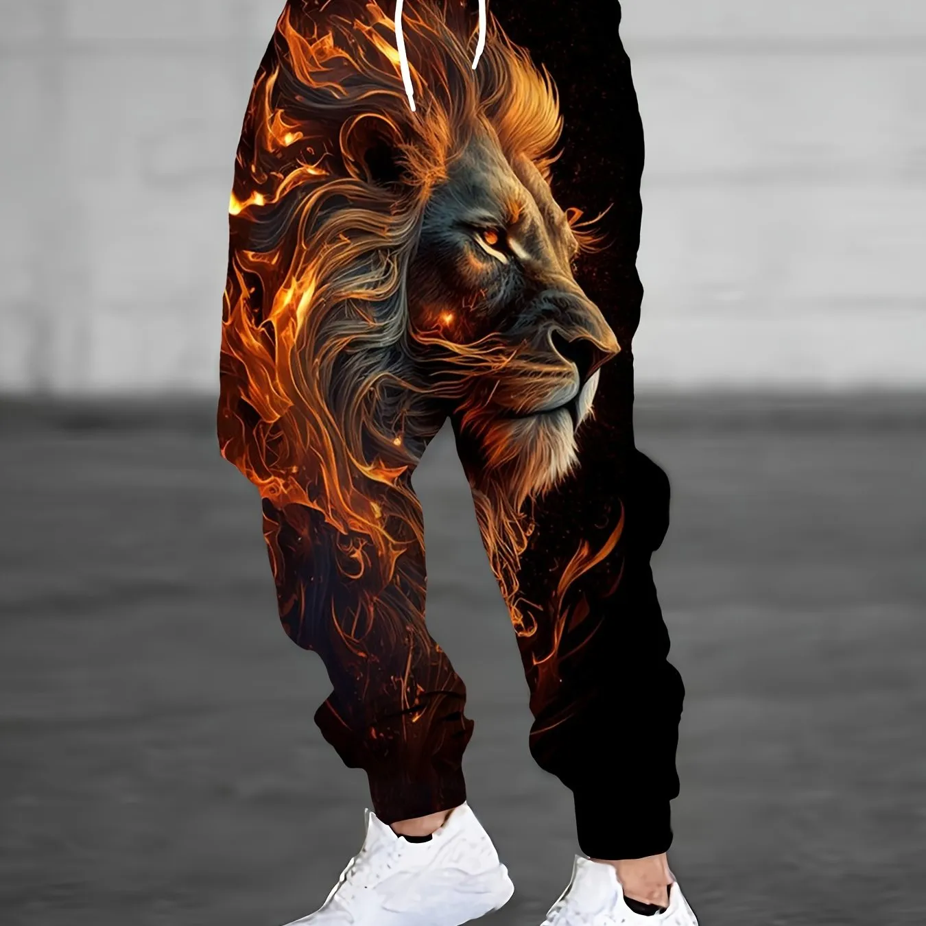 Men's Cool Lion Graphic Jogger Sweatpants With Drawstrings, Casual Loose Fit Sports Trousers As Gift