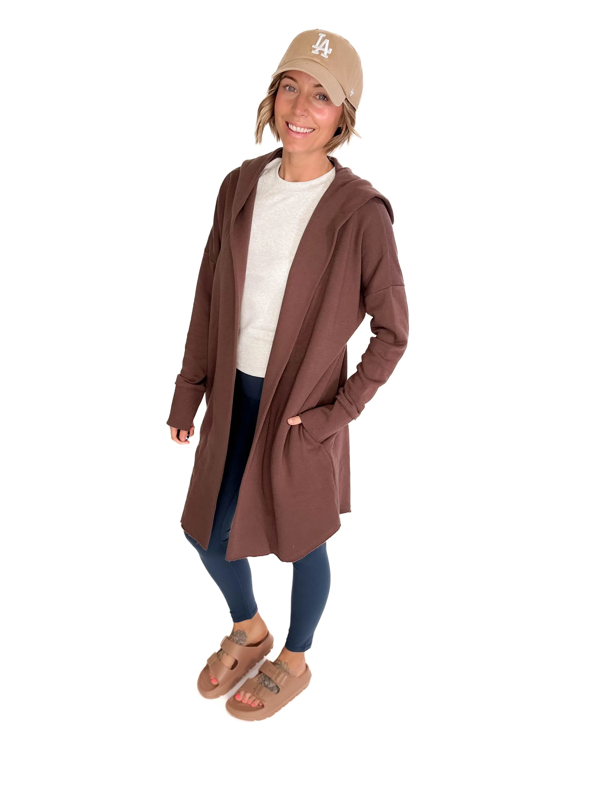 MONO B Whistler Longline Hoodie Cardigan- ESPRESSO