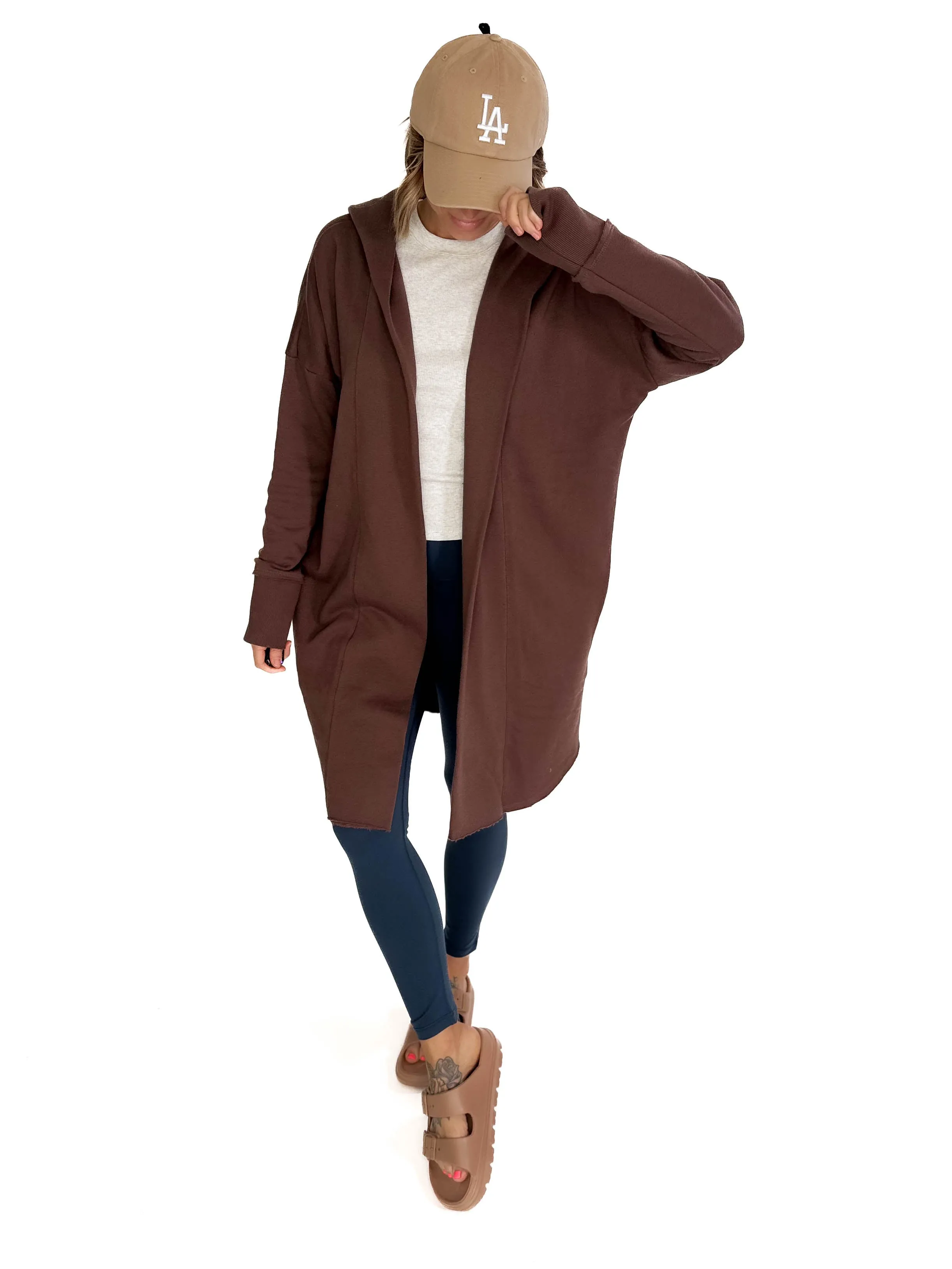 MONO B Whistler Longline Hoodie Cardigan- ESPRESSO