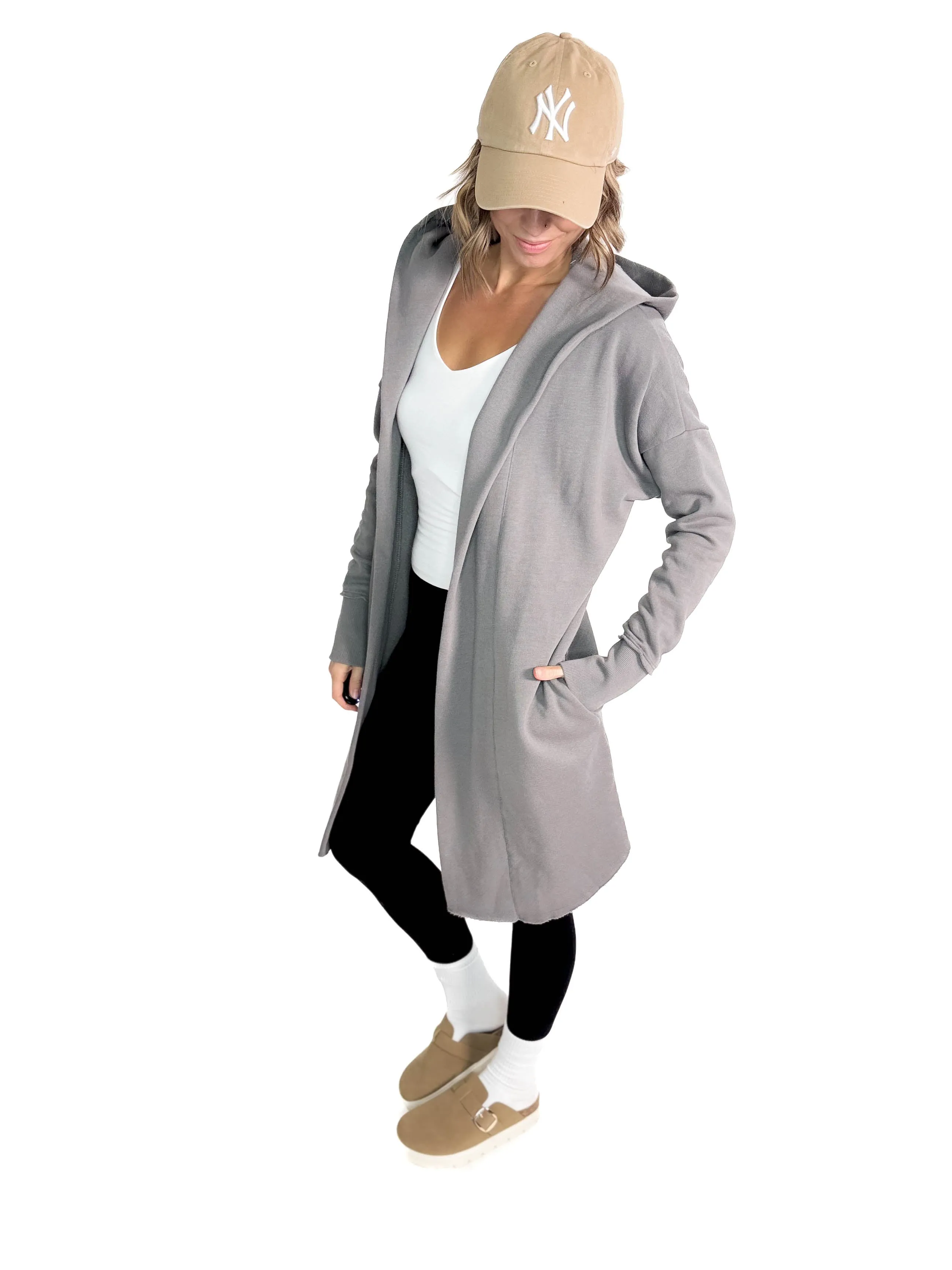 MONO B Whistler Longline Hoodie Cardigan- NEW PEWTER