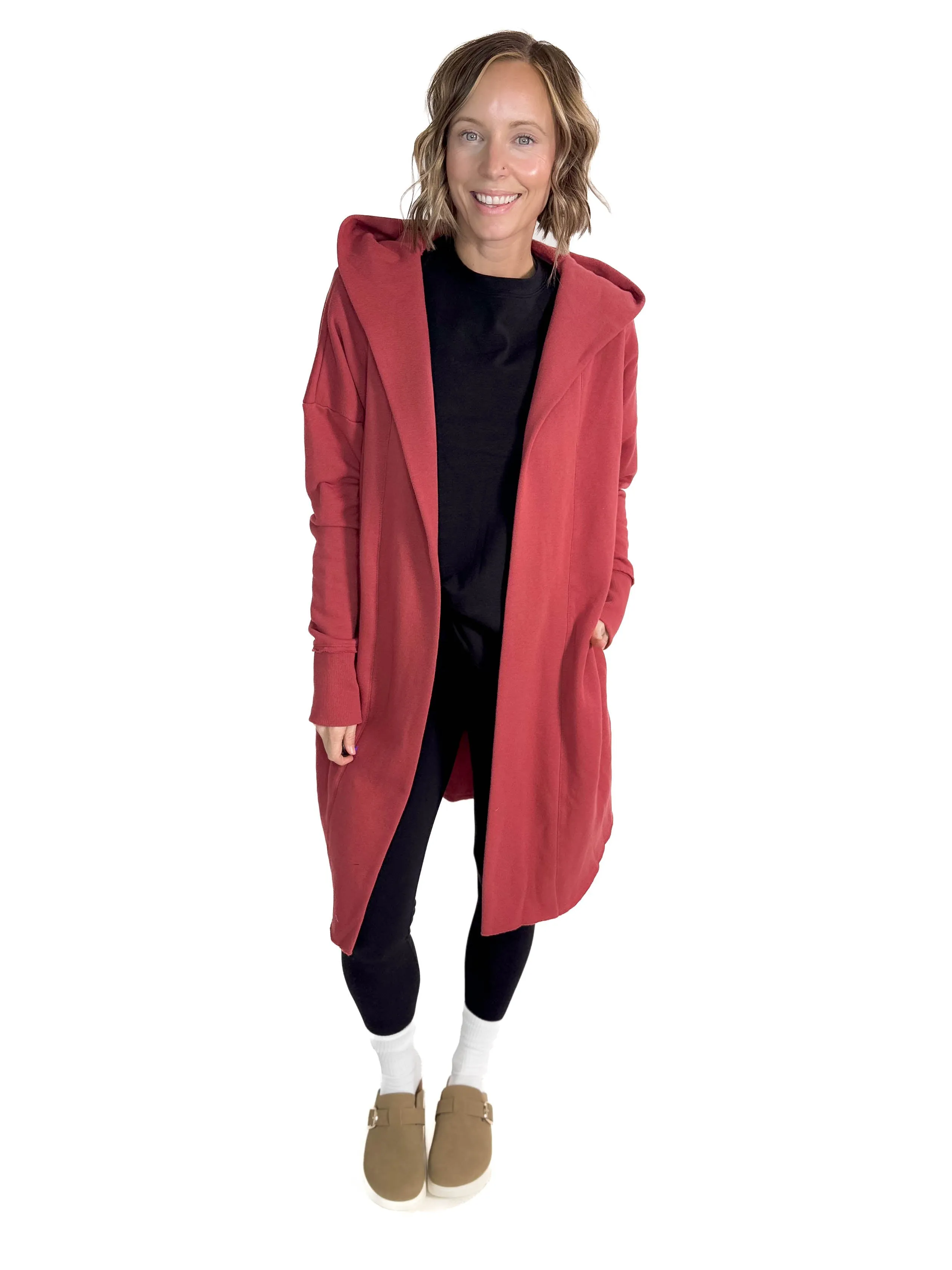 MONO B Whistler Longline Hoodie Cardigan- RED PEAR